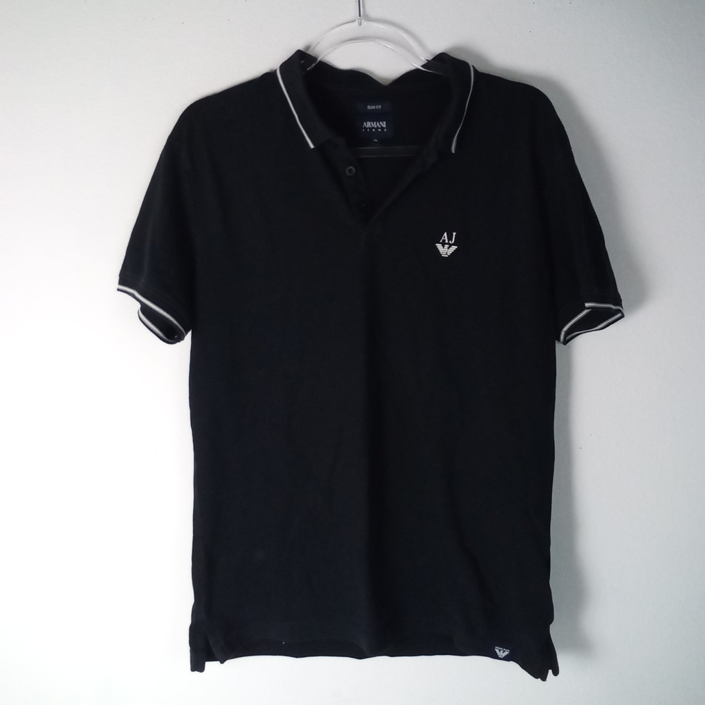 Armani Classic Black Polo Shirt White Gray Contrast Trim Men's XL